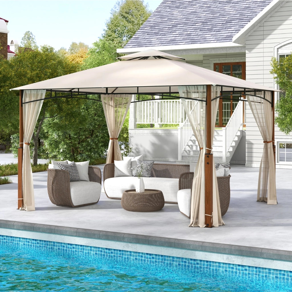 Gazebo da esterno 3,6x3m con reti tetto a doppio strato telaio metallico, Rifugio solare impermeabile per patio Beige
