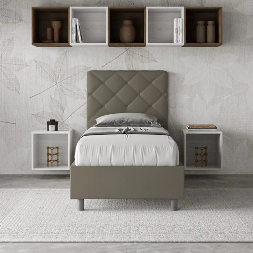 Letto singolo contenitore imbottito 90x190 similpelle cappuccino Priya