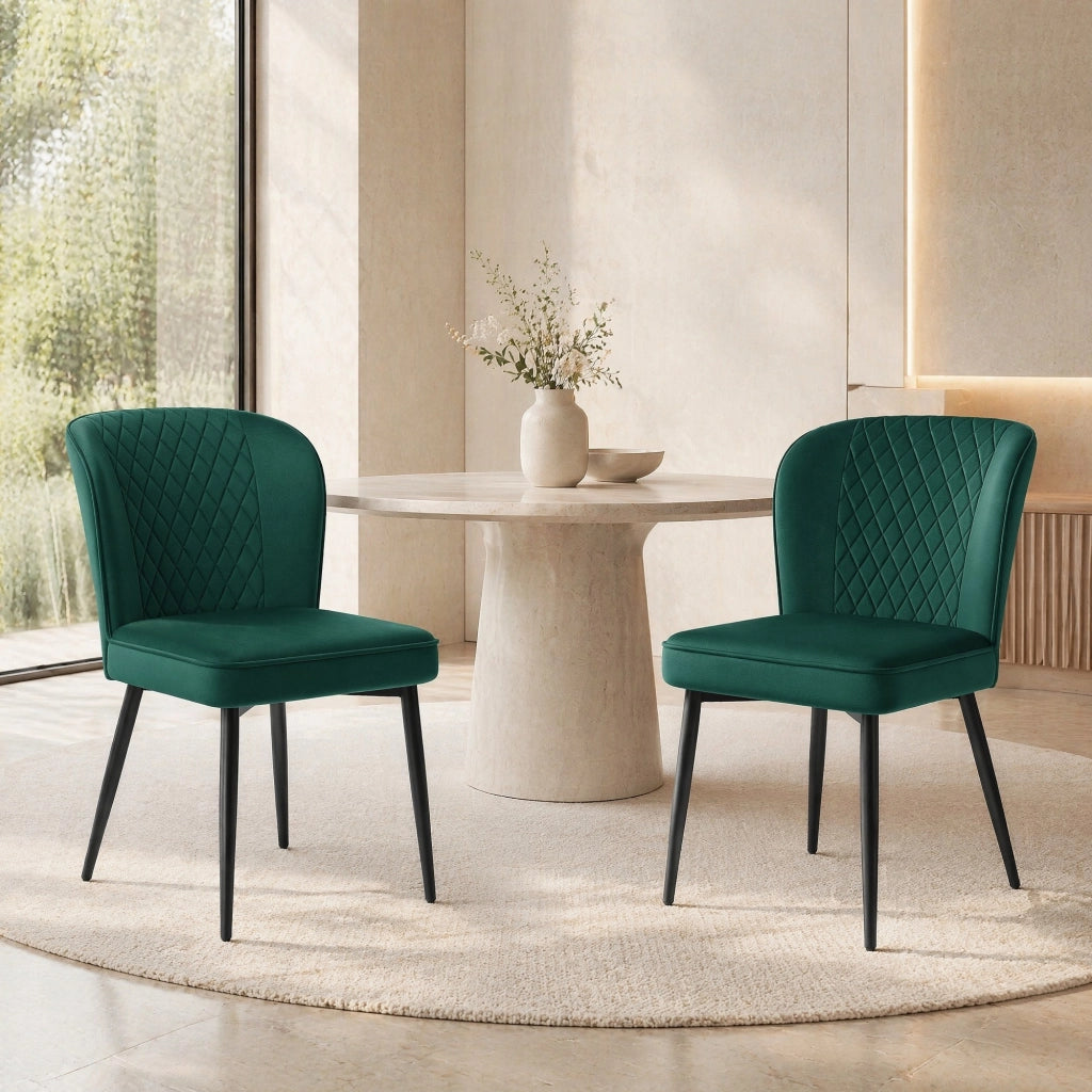 Sedia da pranzo moderna in velluto verde con struttura in metallo