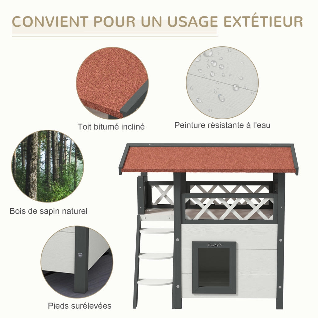 Casetta per Gatti Esterni con Terrazza e Scala ¨C Xylo ¨C Bianco e Rosso 77x50x73cm