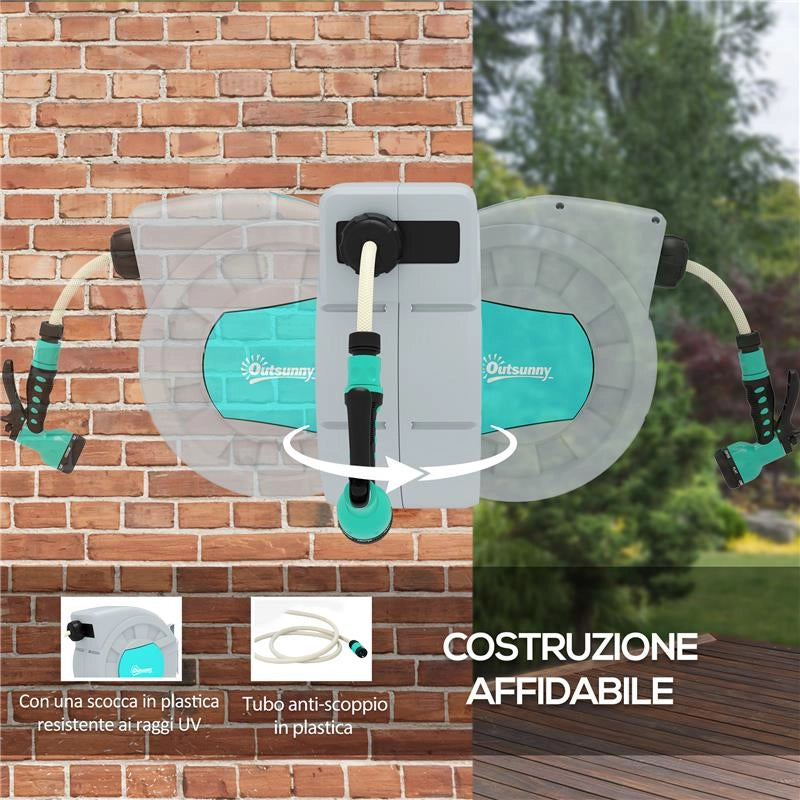 AVVOLGITUBO AUTOMATICO A PARETE E PORTATILE LUNGHEZZA 30+2 MT SISTEMA DI BLOCCO E 7 GETTI GRIGIO