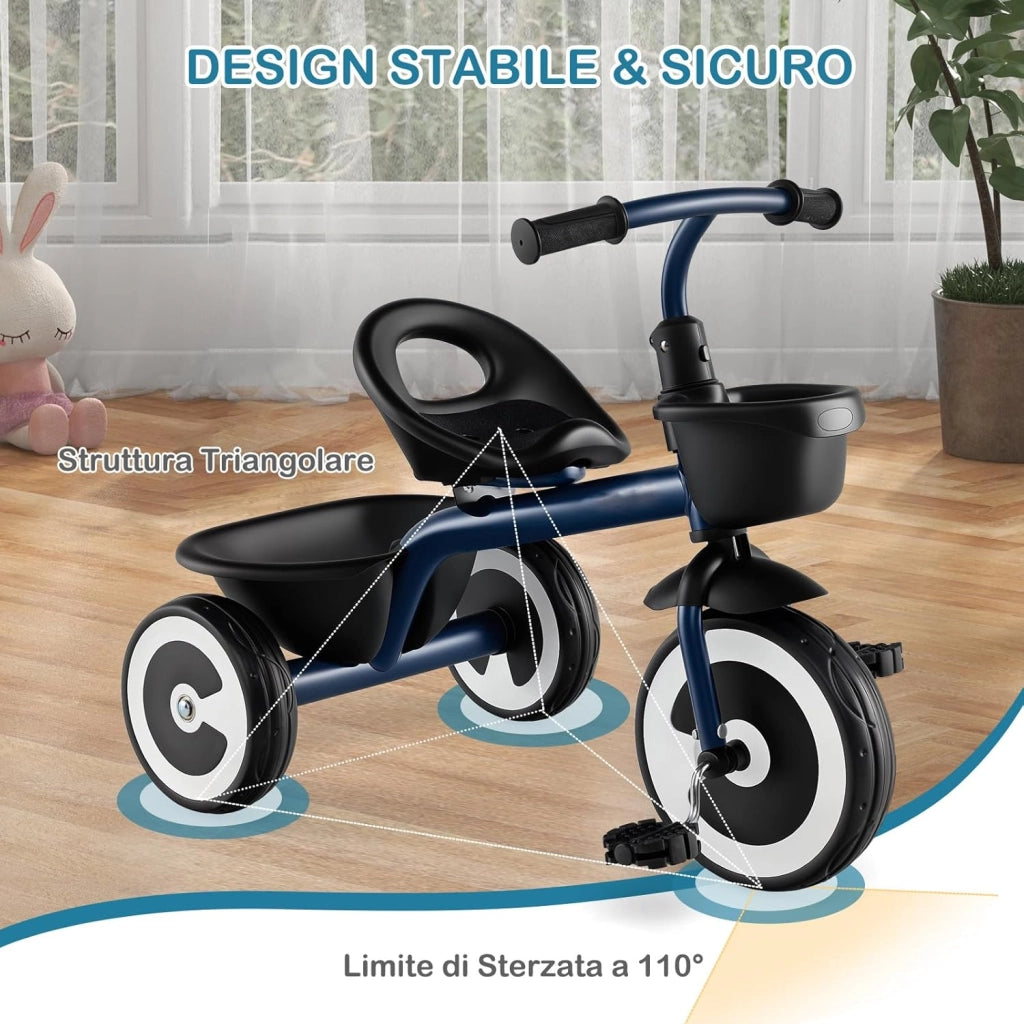 Triciclo per Bambini, Trike con Sede Regolabile Cestini Anteriori e Posteriori, Bicicletta a 3 Ruote con Telaio in Ferro Carbonioso di Alta Resistenza, per Bambini 1,5-5 Anni (Blu)