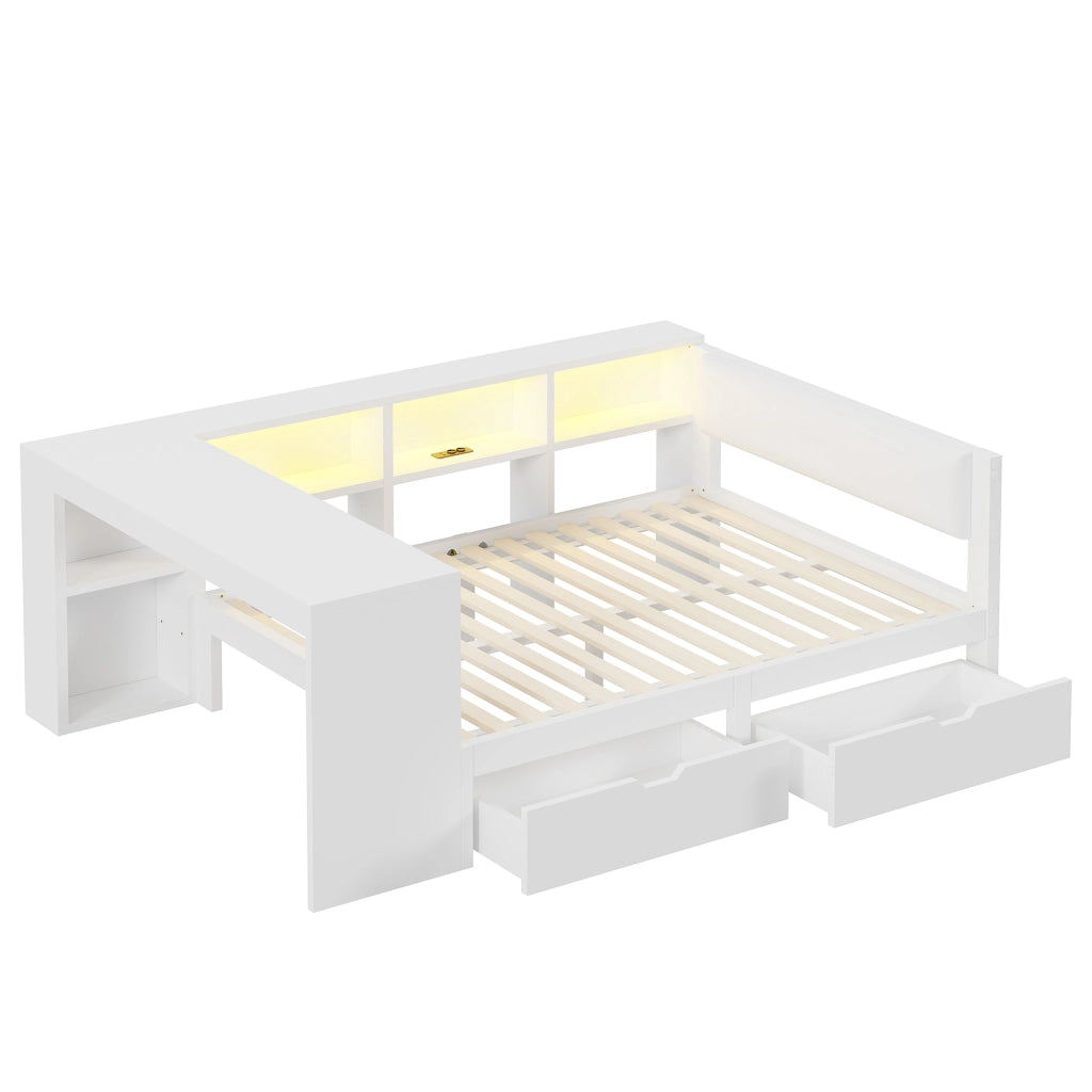 Letto legno 140x200 ripiani cassetti ricarica LED bianco