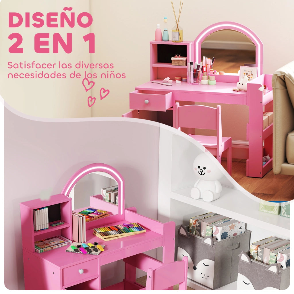 Tocador Bambini con Luce LED e Specchio ¨C Minimal ¨C Rosa, 1 Cassetto e 5 Ripiani