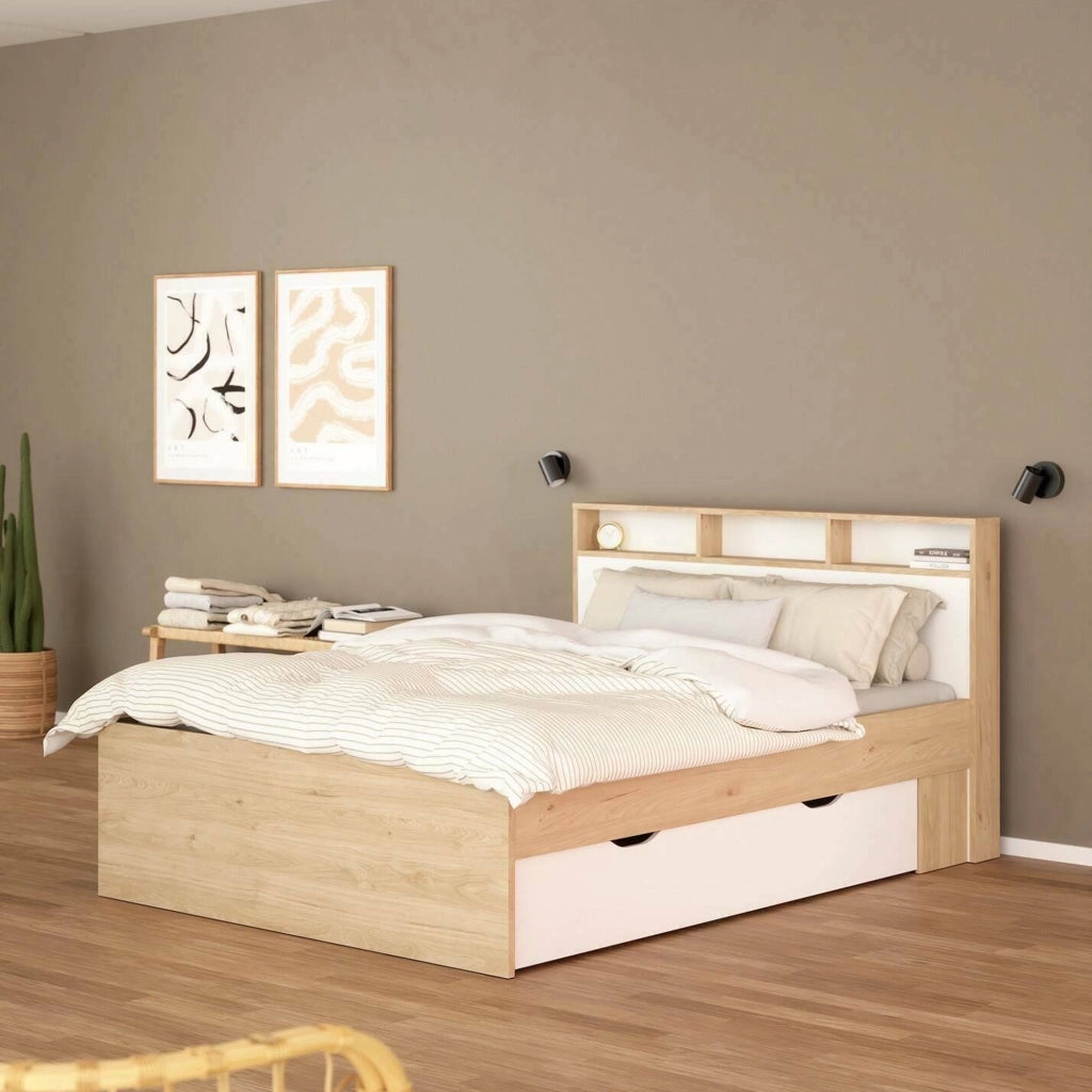 Letto matrimoniale Enteng, Sommier per camera da letto, Giroletto per stanza, Struttura porta materasso, 216x170 h97 cm, Rovere e Bianco