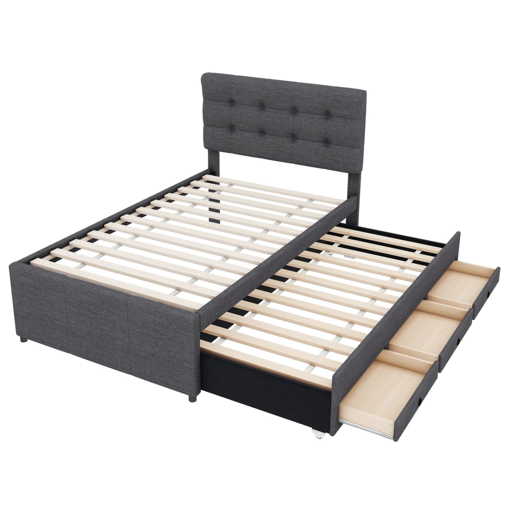 Letto a traguardo imbottito 90x200cm con 3 cassetti e letto estraibile in grigio