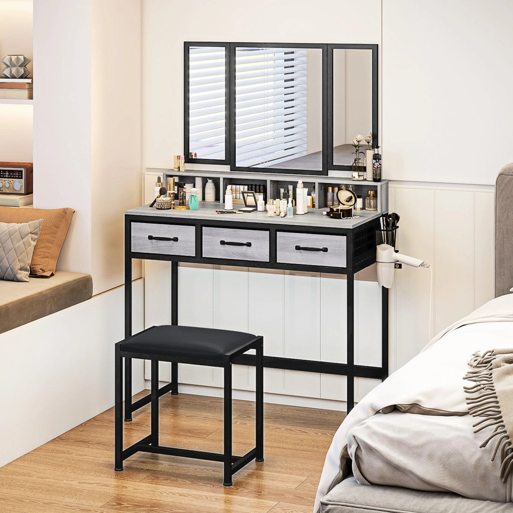 Cassettiera per Trucco con Specchio e Sgabello ¨C Minimal ¨C Grigio Tessuto 3 Cassetti