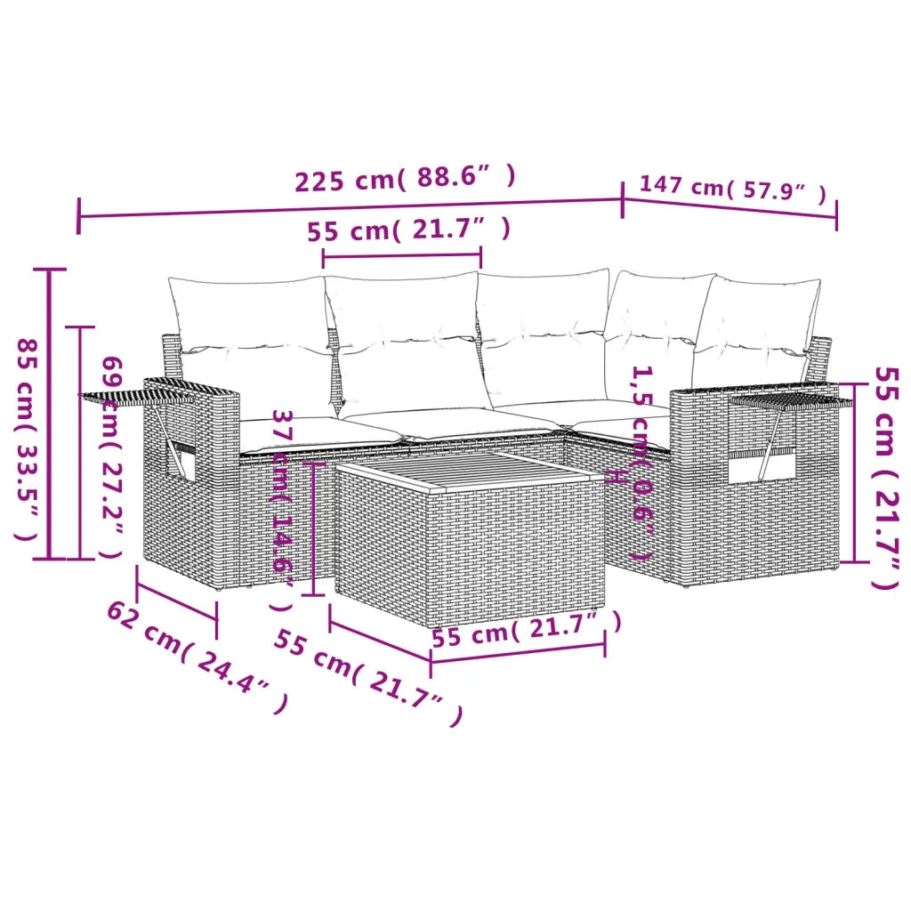 Set Divani da Giardino 5 pz con Cuscini in Polyrattan Nero 3256875