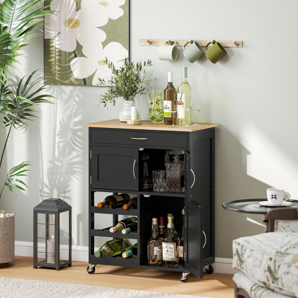 Carrello Portabottiglie da Cucina in Legno con Ante e Cassetto ¨C Zephmum ¨C Nero e Rovere 67x37x87 cm