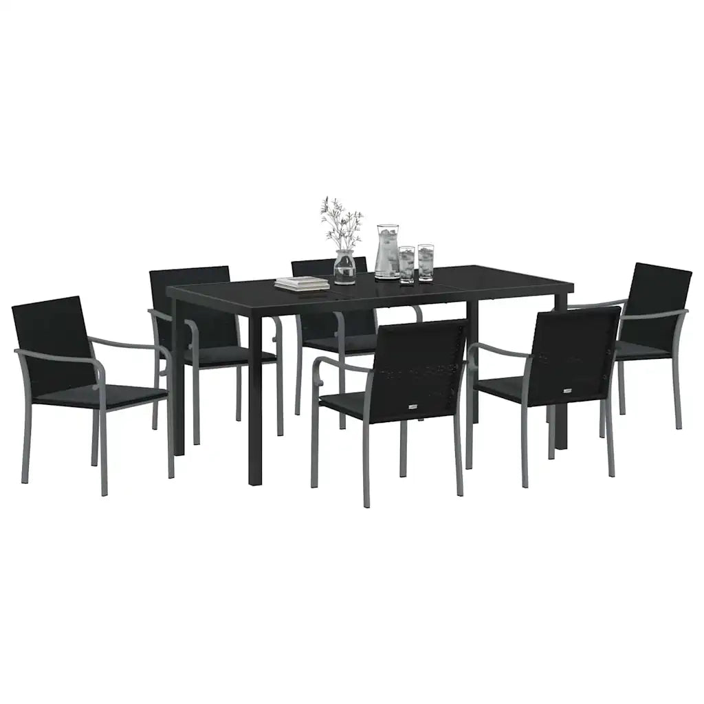 Set da Pranzo per Giardino 7 pcs Nero e Grigio Rattan in PE