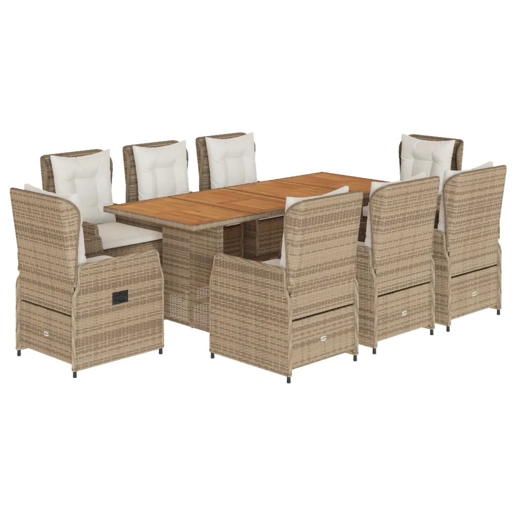 Set da Pranzo da Giardino 9 pz con Cuscini Beige in Polyrattan