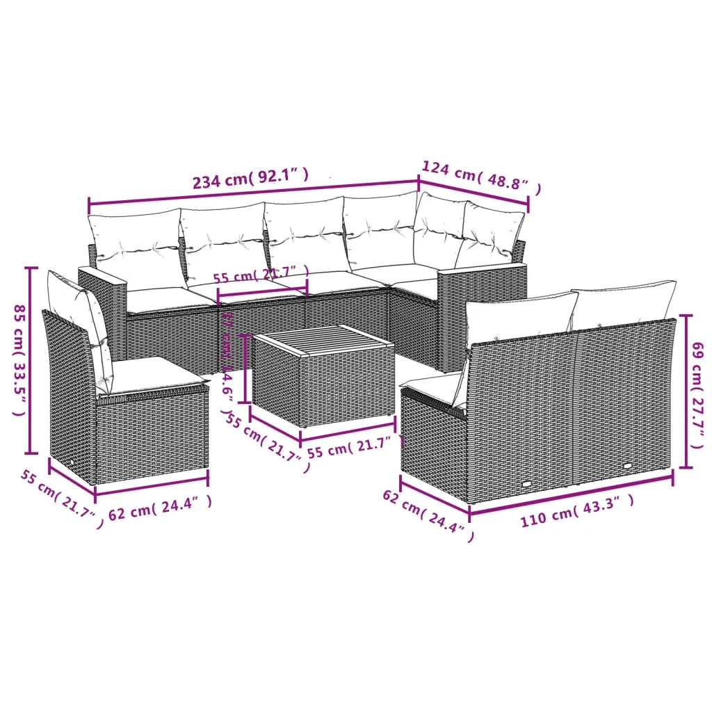 Set Divano da Giardino 9 pz con Cuscini Beige in Polyrattan