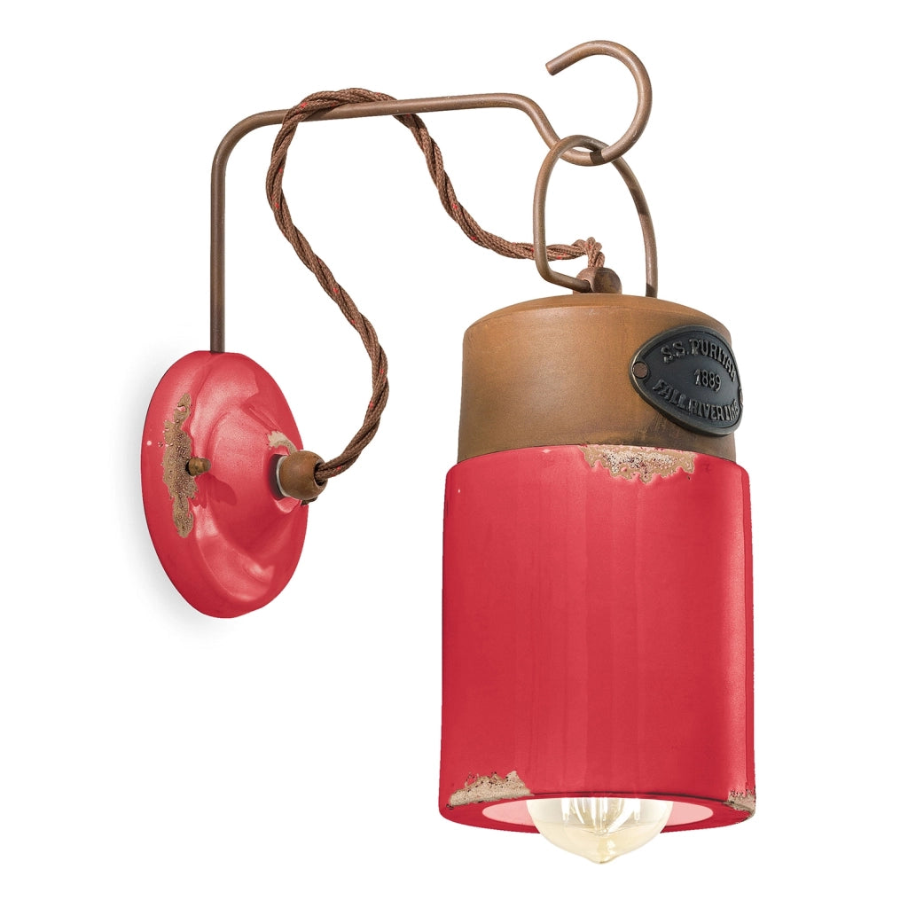 Applique Vintage Industrial Ferro E Ceramica Rosso 1 Luce E27