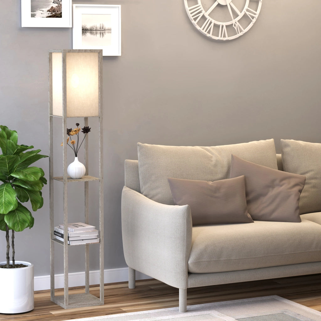 Lampada da terra con 3 ripiani, illuminazione per interni, E27, fino a 40W, E1-MDF, acrilico, rovere+bianco, 26x26x160 cm