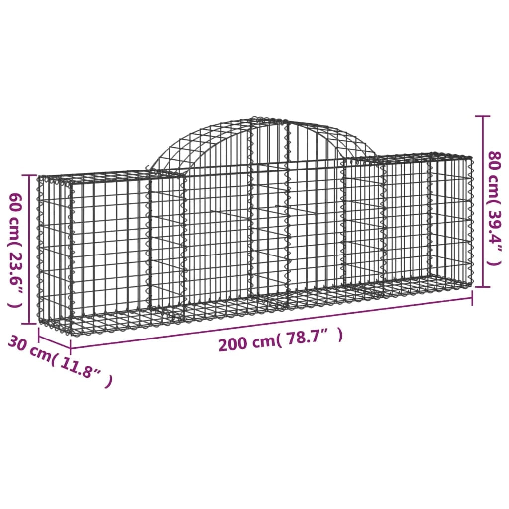 Cestini gabbioni recinzione a gabbia muro di contenimento ad arco 6 pezzi 200 x 30 x 60/80 cm ferro zincato argento 02_0040992