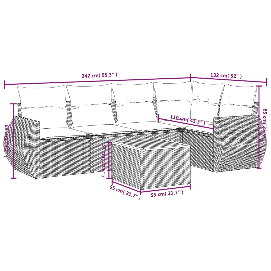 Set Divano da Giardino 6 pz con Cuscini Beige in Polyrattan