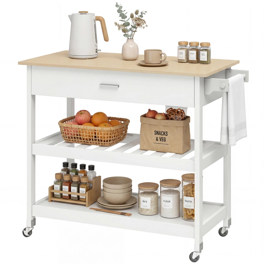 Carrello cucina con ruote ¨C Xylo ¨C piano lavoro, cassetto, ripiani, portasciugamani, bianco