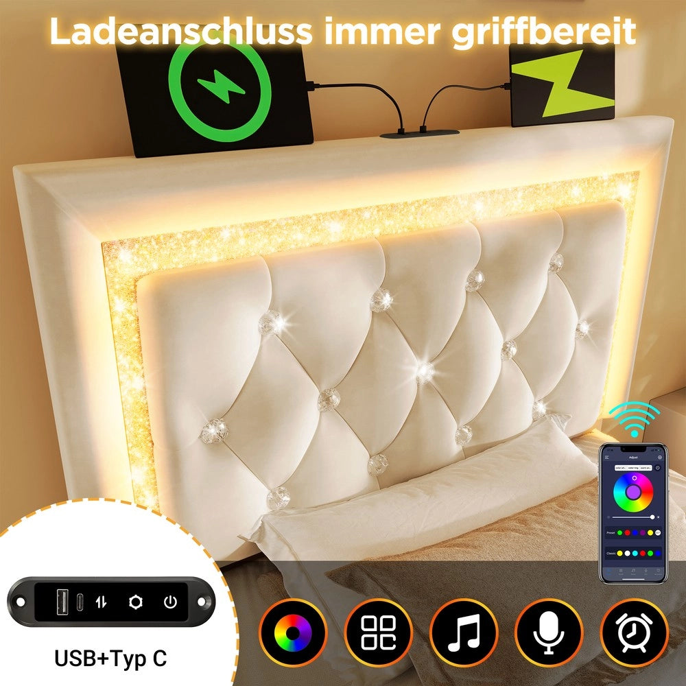 Letto Imbottito Singolo con Contenitore Idraulico e LED ¨C MINIMAL ¨C Velluto Beige 90x200