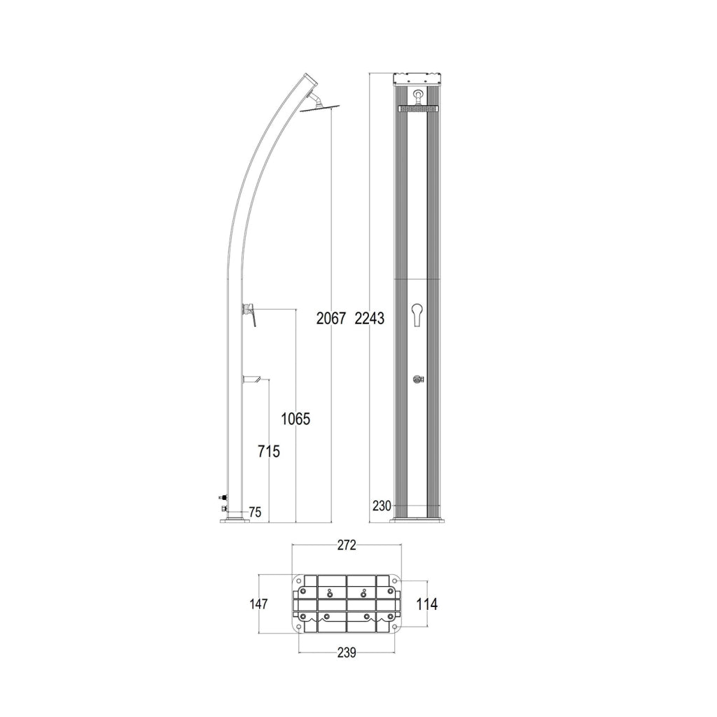 Starmatrix Doccia solare da esterno 40 L con miscelatore e rubinetto lavapiedi alluminio Nero RAL9004 con fascia Inox altezza 224 cm soffione quadrato SS0970-BLACK