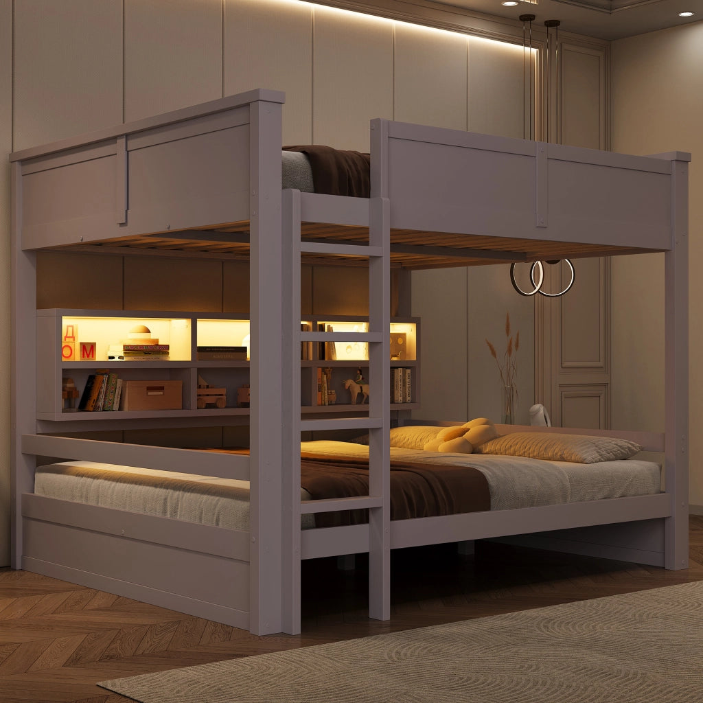 Letto a castello con contenitori e luci LED in MDF e pino 160x200 cm