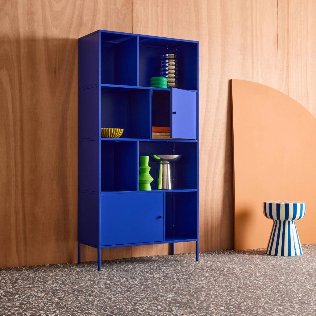 Credenza industriale in metallo con 8 scomparti, blu