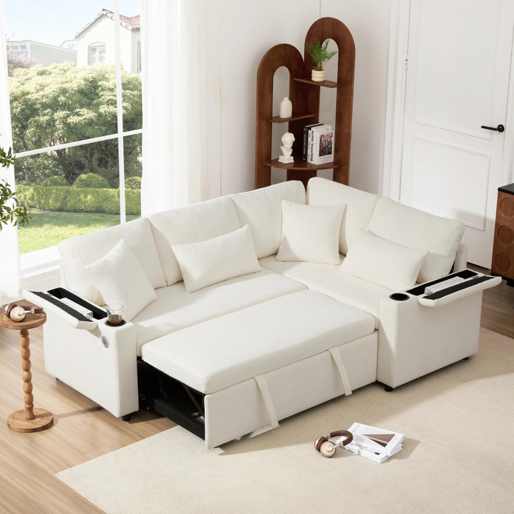 Divano angolare convertibile con contenitore portabicchieri USB e 4 cuscini in chenille beige 206,5 × 141 × 86 cm