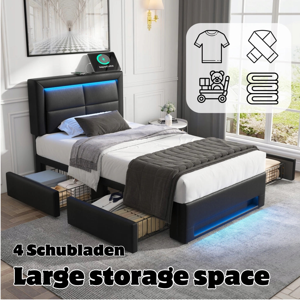 Letto imbottito con USB, LED, 4 cassetti - Xylo - 90x200 - Nero