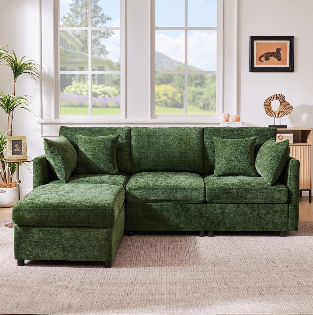 Divano modulare angolare a L 216x161x81 cm in chenille verde con 4 cuscini