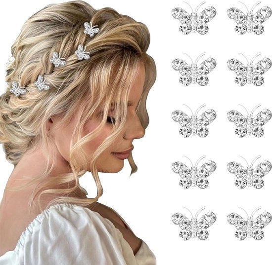 Mini spille per capelli con farfalla strass in argento - 10 pezzi