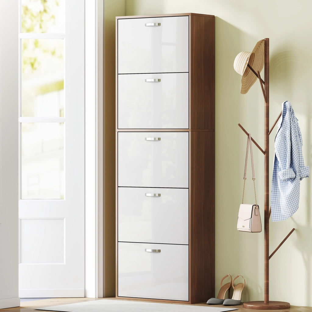 Armadio per Scarpe 5 Ante ¨C Minimal ¨C Bianco e Marrone