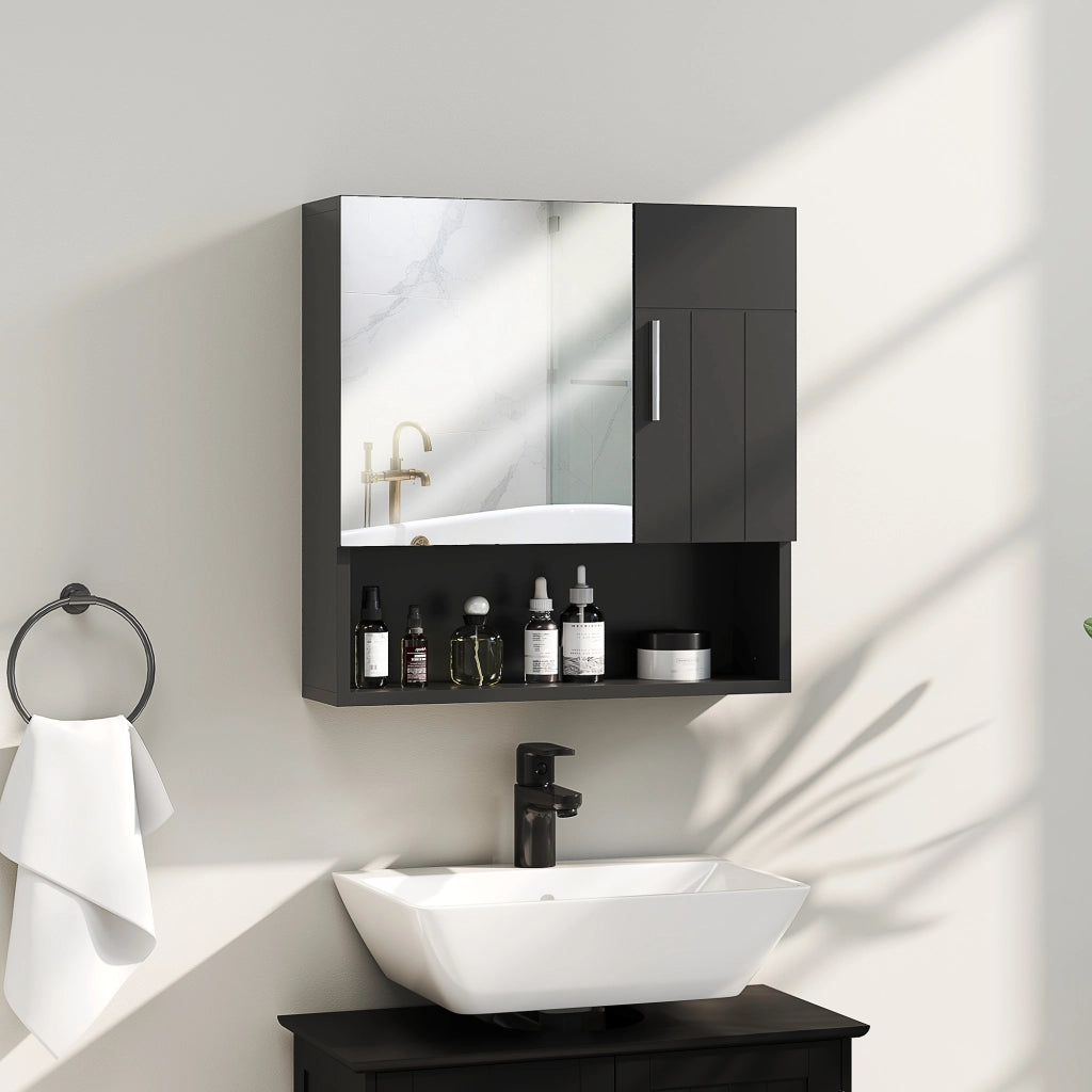 Armadietto Specchiera Bagno in Legno con Mensole Regolabili e Ripiano Aperto ¨C Zephmum ¨C Nero 54x15.2x55.3 cm