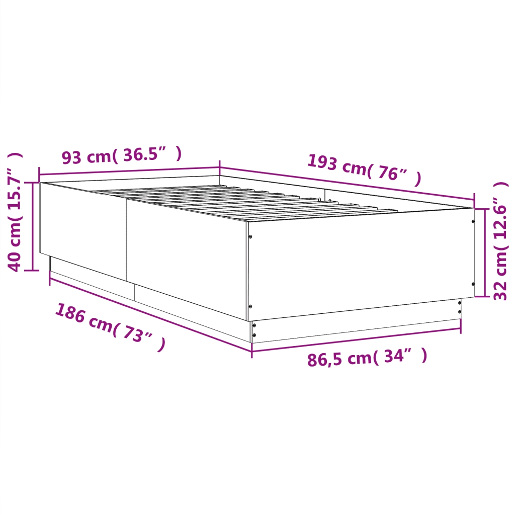 Letto singolo | Letto per adulti | Giroletto Grigio Cemento 90x190 cm in Legno Multistrato