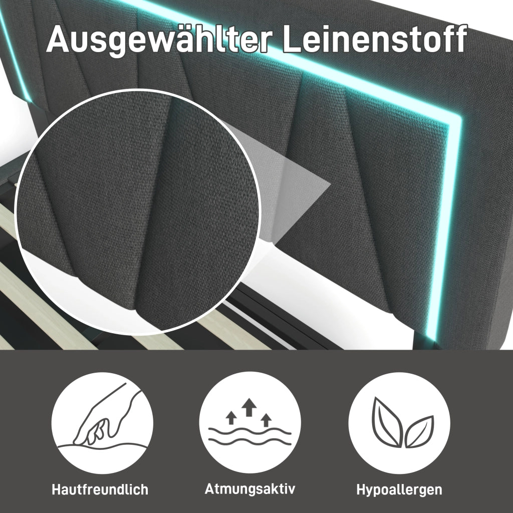 Letto Contenitore Imbottito LED ¨C MINIMAL ¨C 140x200, Tessuto, USB, Rete a Doghe