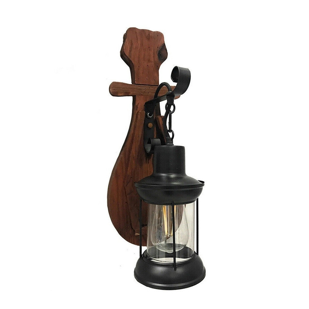 Trade Shop - Applique Lanterna A Parete In Legno Stile Vintage E27 Lampada Industriale E30 -