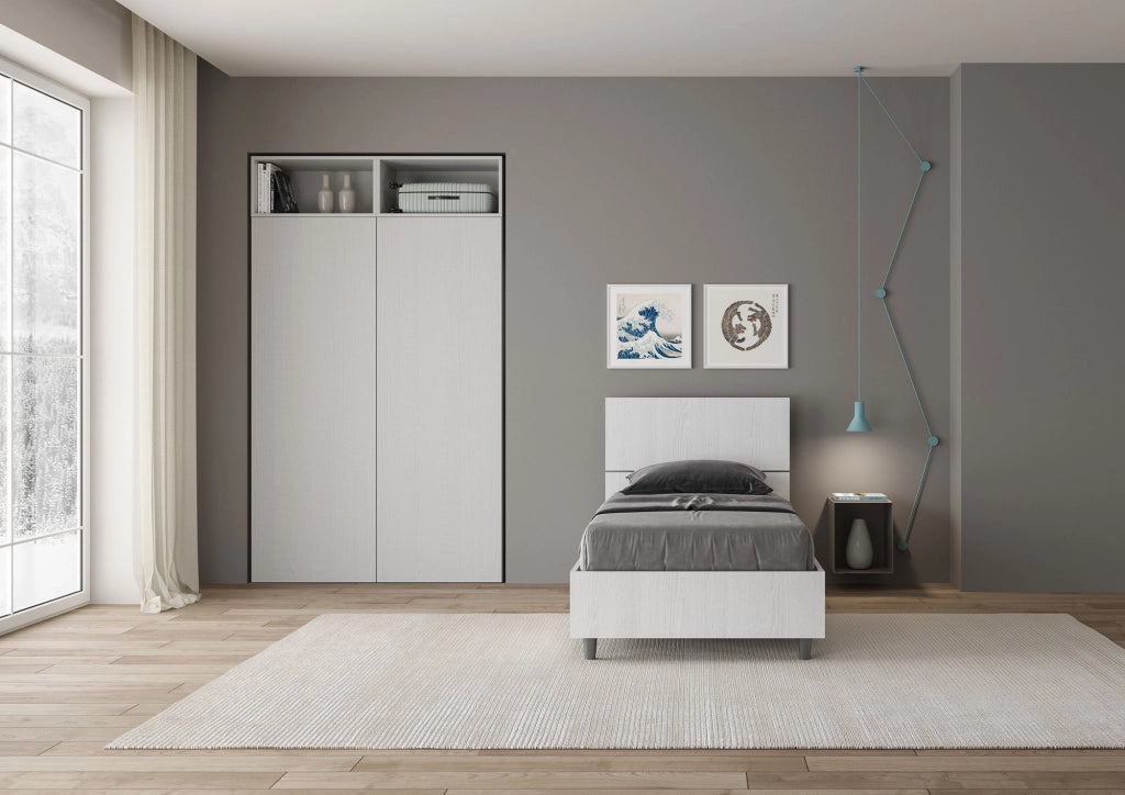 BS COM Letto singolo contenitore 80x200 testata dritta bianco frassino