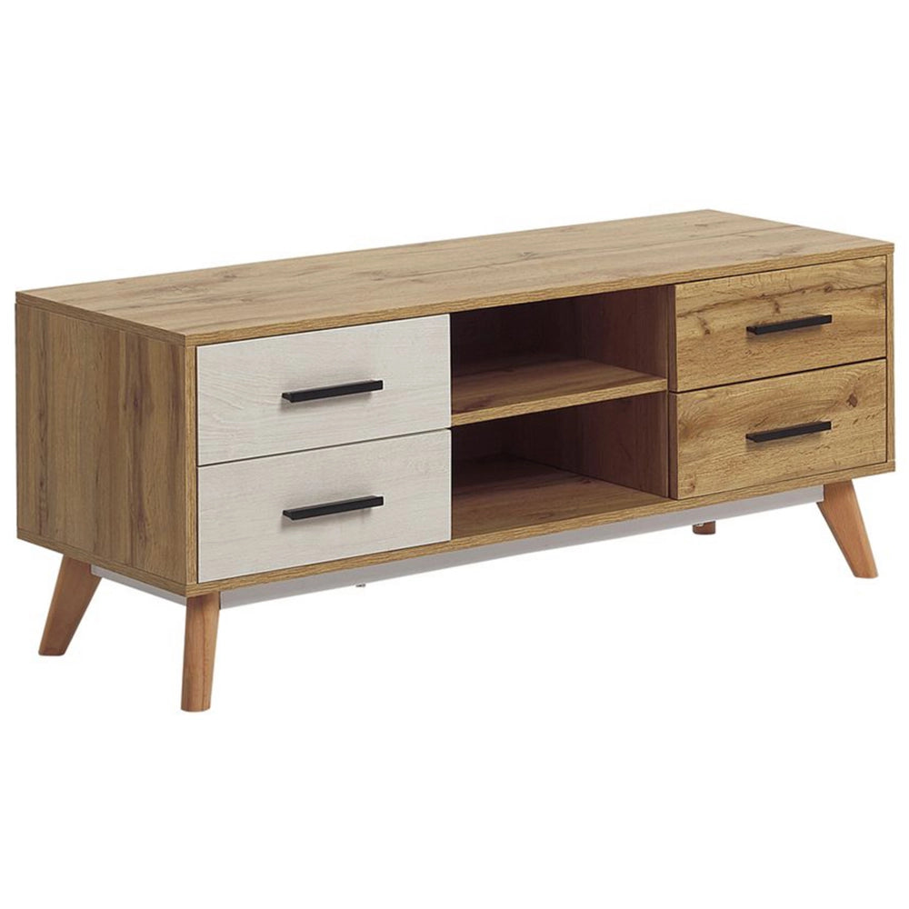 Mobile TV in legno chiaro con bianco per TV fino a 55ʺ con 4 cassetti e 2 ripiani rustico