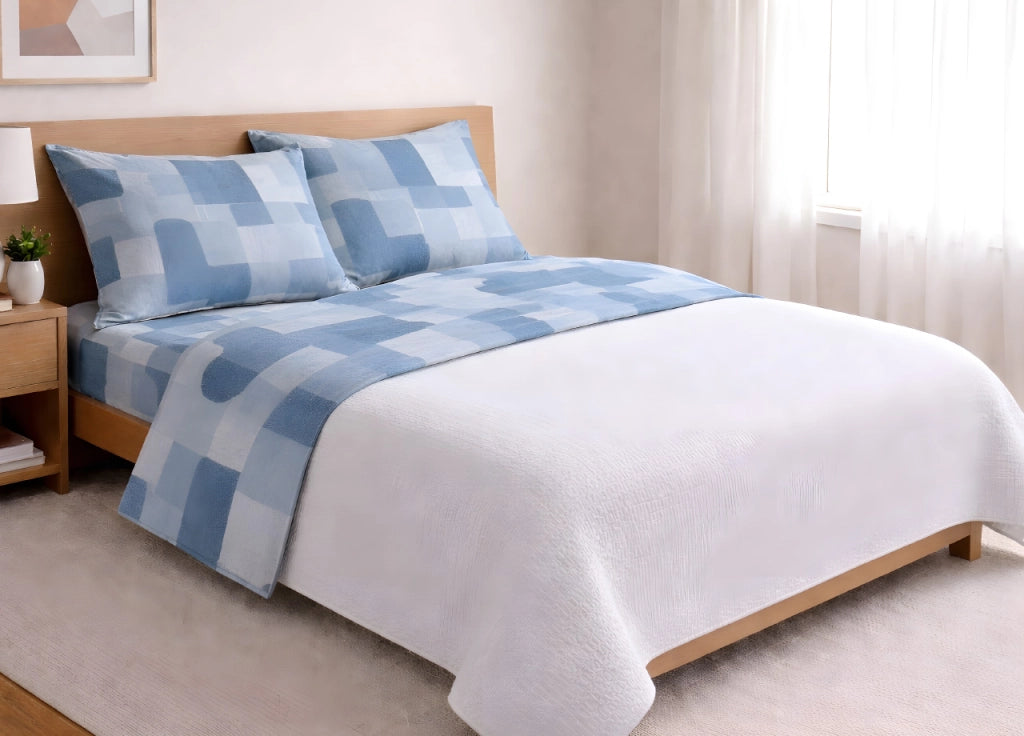 Completo Lenzuola Letto In 100% Cotone Made Italy Disegno Brick - Piazza E Mezza - Azzurro