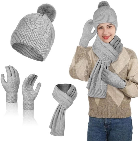 Set da donna 3 in 1 per attività all'aperto - Cappello in lana - Sciarpa calda - Guanti touchscreen - Ideali per il freddo inverno