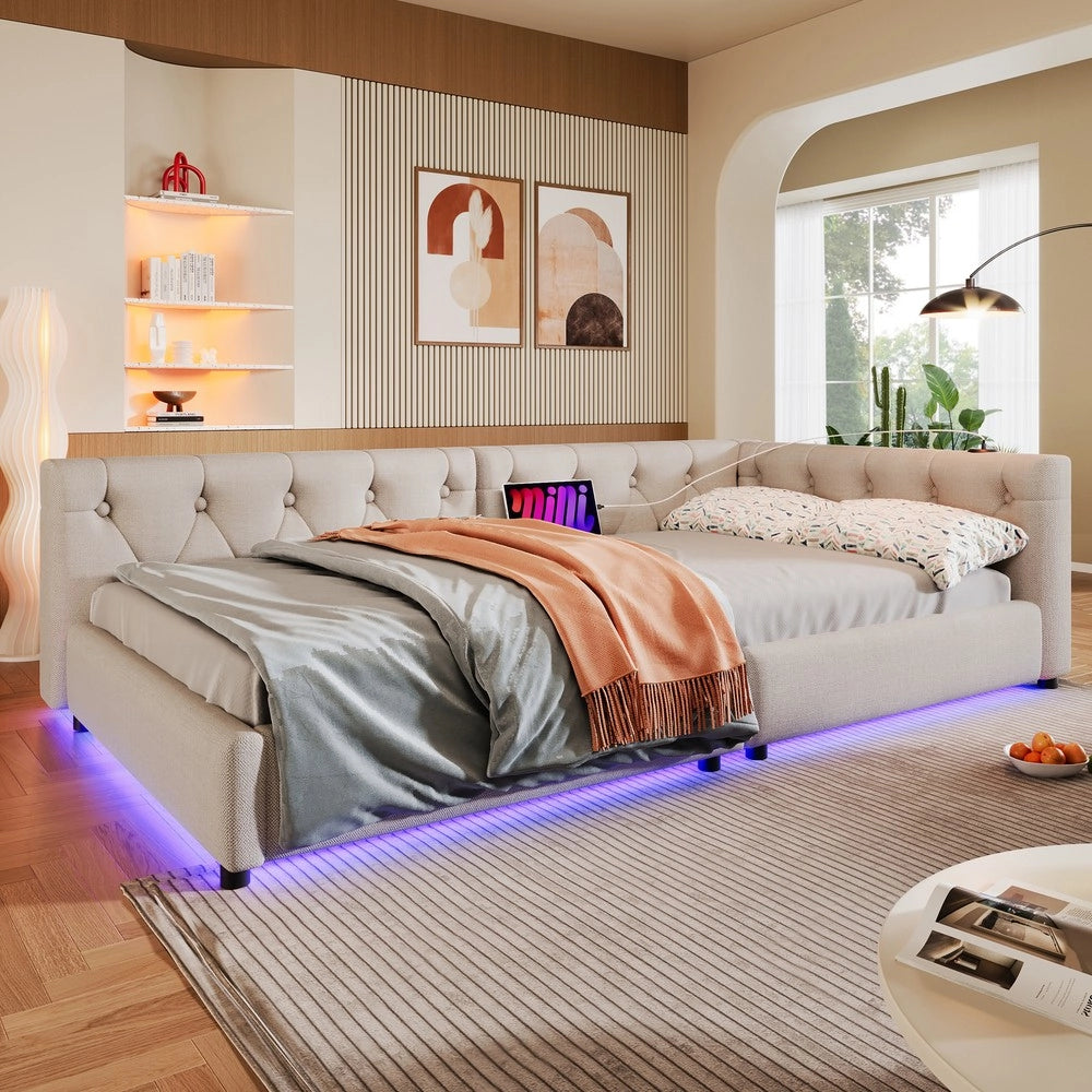 Letto Diurno Imbottito con LED ¨C MINIMAL ¨C Lino Beige 90x200