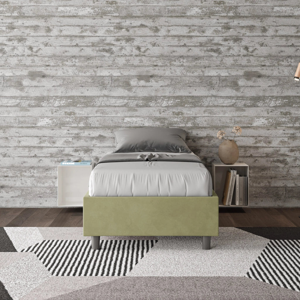 BS COM Letto singolo contenitore imbottito 90x210 microfibra tè verde