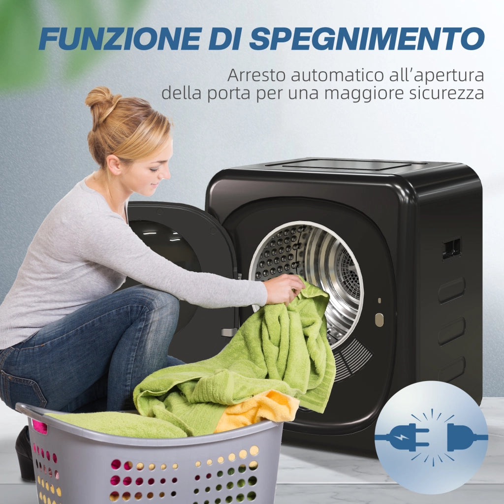Asciugatrice ad Aria Carico 4kg con Timer e Programma Smart, in Acciaio Inox e ABS, 48x40x56 cm, Nero
