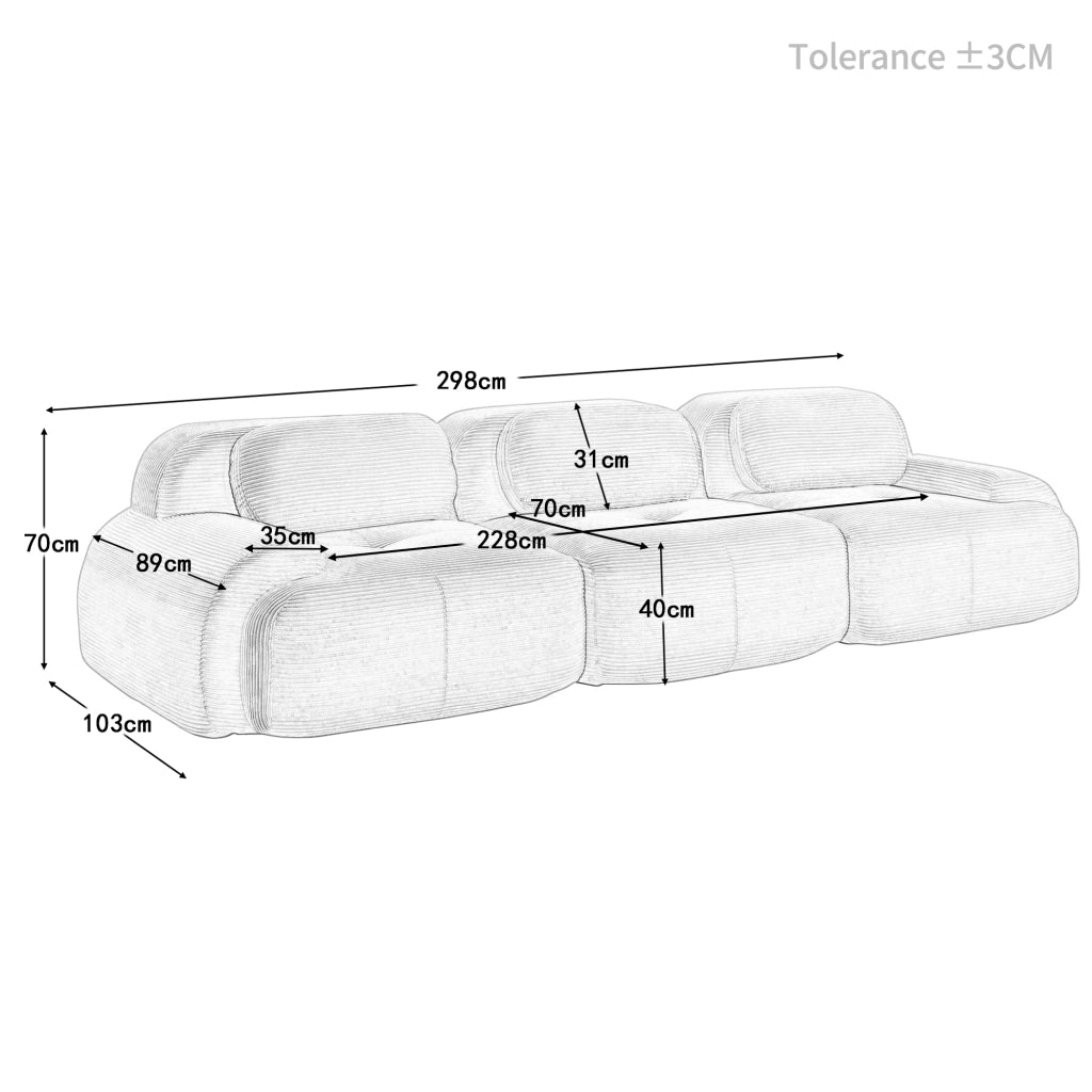 Divano angolare modulare in velluto a coste senza montaggio con braccioli ergonomici e base antiscivolo nero