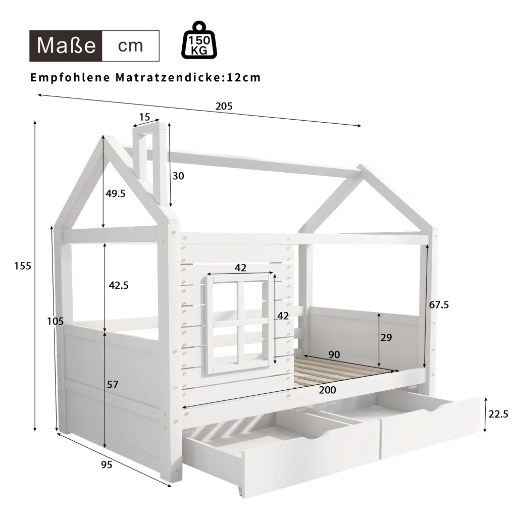 OKWISH Letto a Casetta 90×200 cm, Letto Singolo con Sponda, 2 Cassetti e Finestre, senza Materasso, in Pino Massello, Bianco