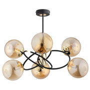 Sospensione Alfa Orbita nera vetro ambra 6xE14 Ø68cm
