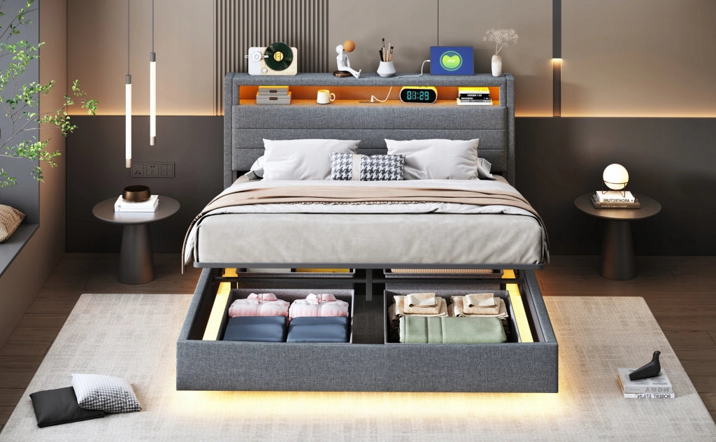 Letto imbottito 140x200 - Xylo - Grigio, struttura idraulica, LED, USB