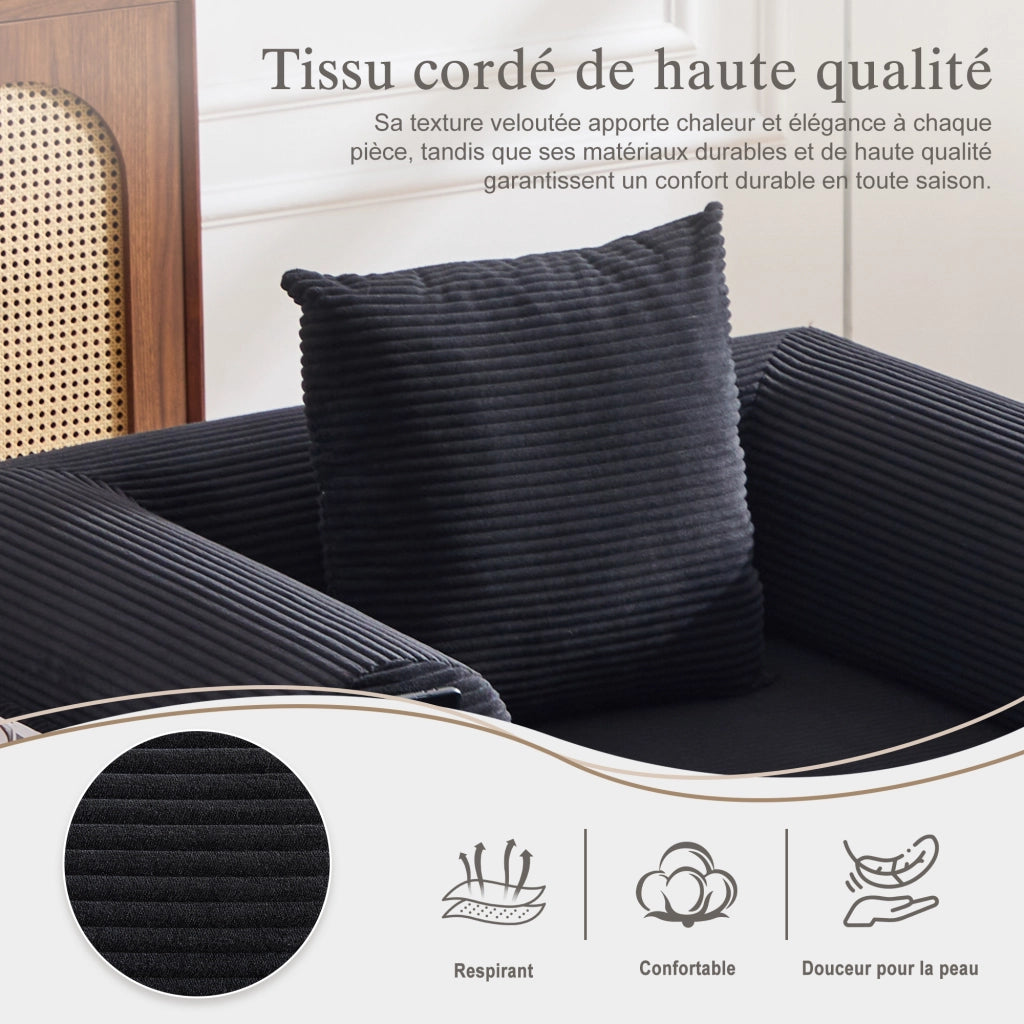 Divano modulare in velluto a coste con tasca laterale e cuscino, ergonomico e ad alta densità, nero