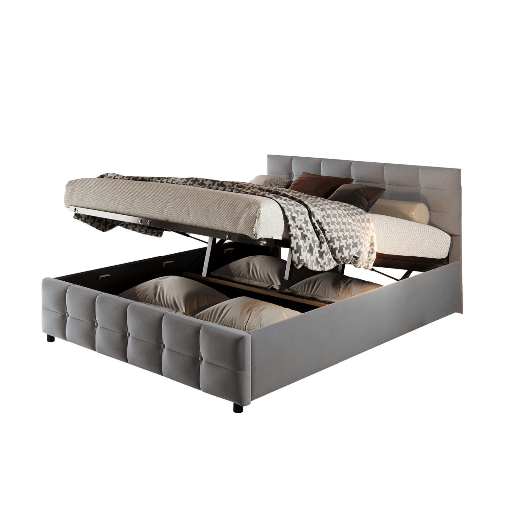 Letto matrimoniale imbottito 180x200 cm con contenitore idraulico; velluto grigio