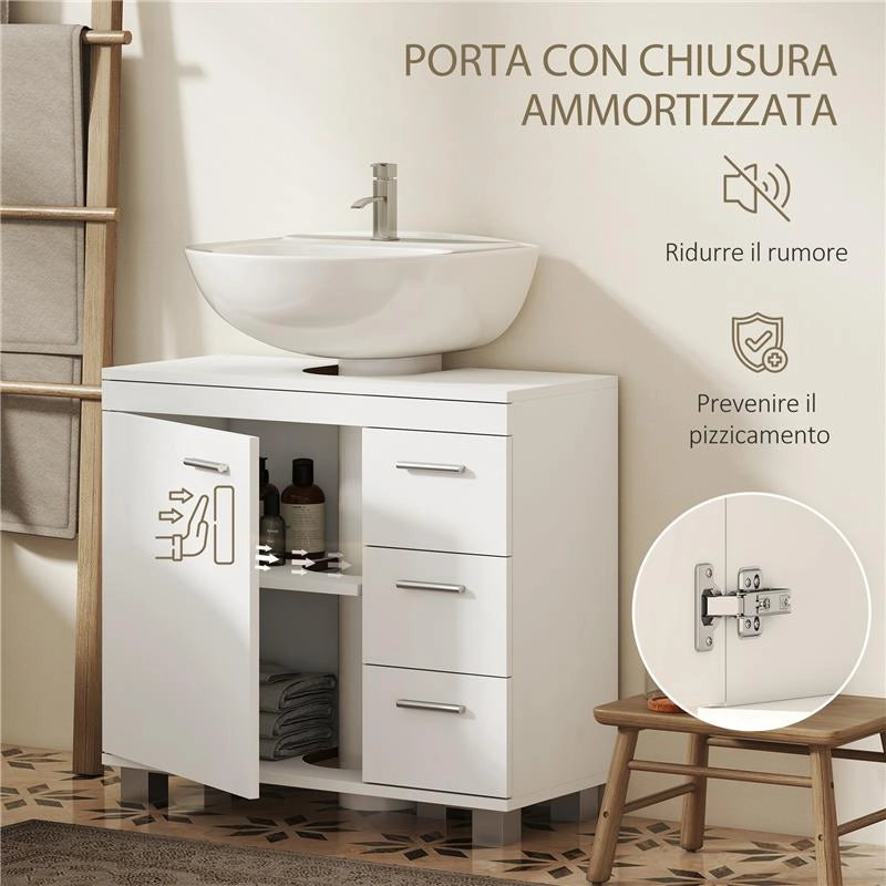 MOBILE SOTTOLAVABO BAGNO CON ARMADIETTO, RIPIANI E CASSETTI, BIANCO