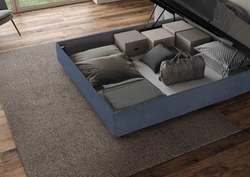 BS COM Letto matrimoniale francese contenitore imbottito 140x190 microfibra blu