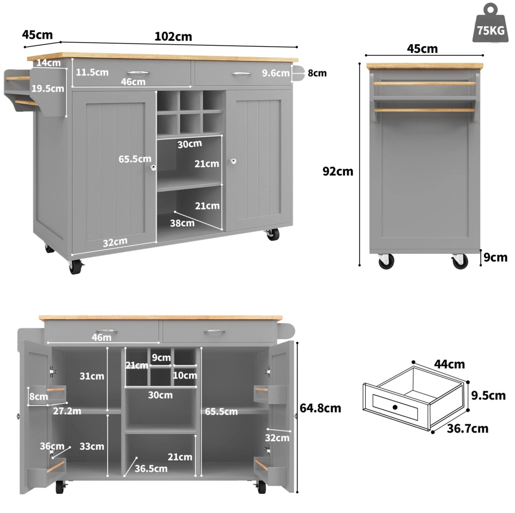 Carrello da cucina 102x45 cm; con ruote e ripiani regolabili; MDF; grigio